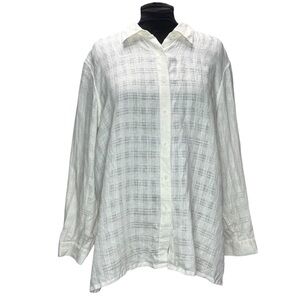 Loose cut White Windowpane Semi‎ Sheer Button Down 100% Linen Size 2XL